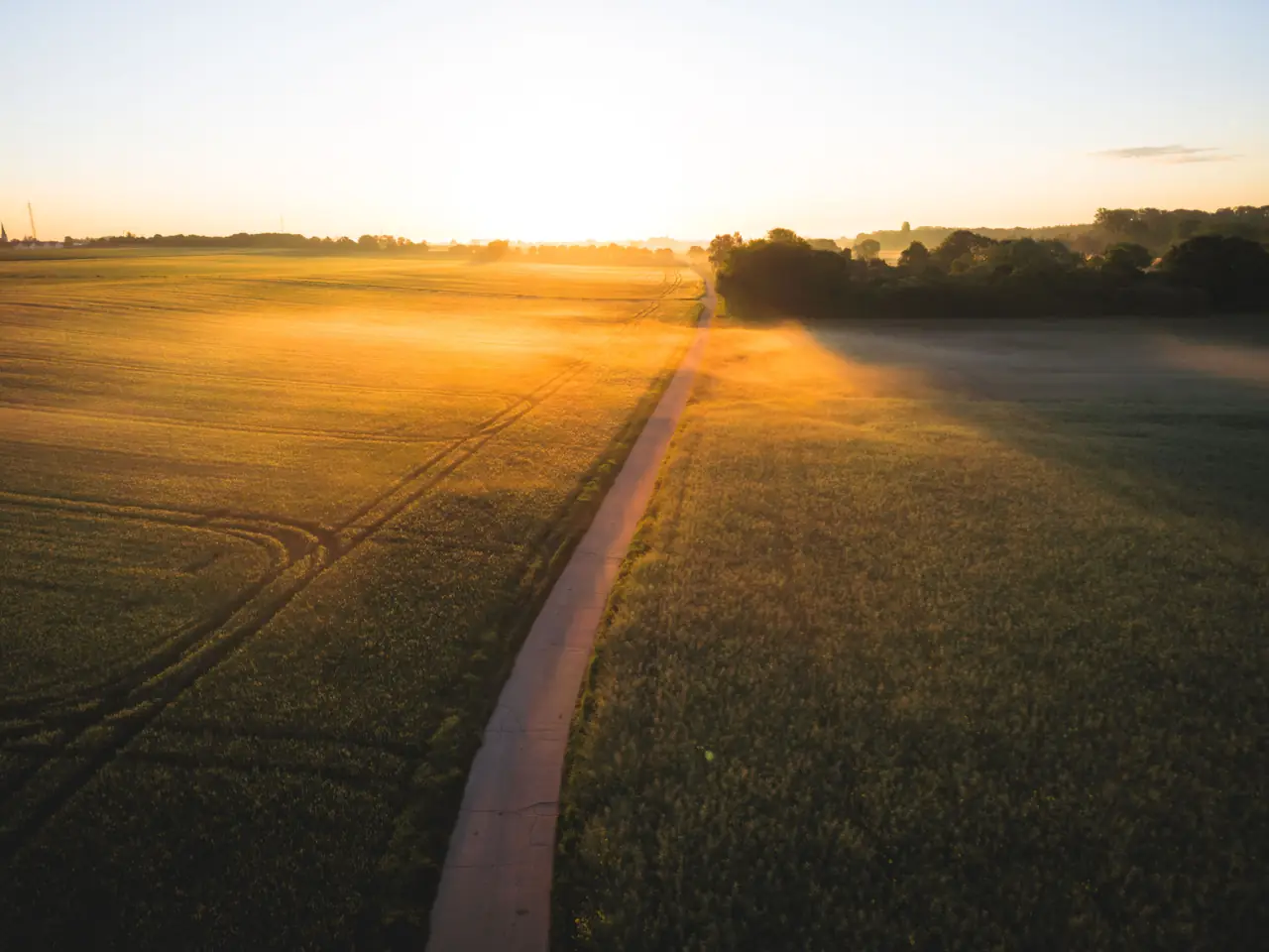 A road through farmland at sunrise