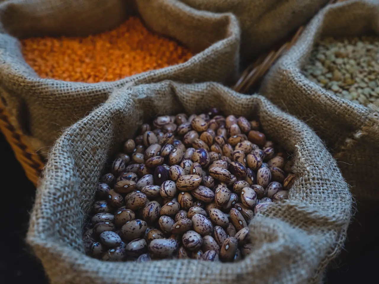 Sacks of organic beans and lentils