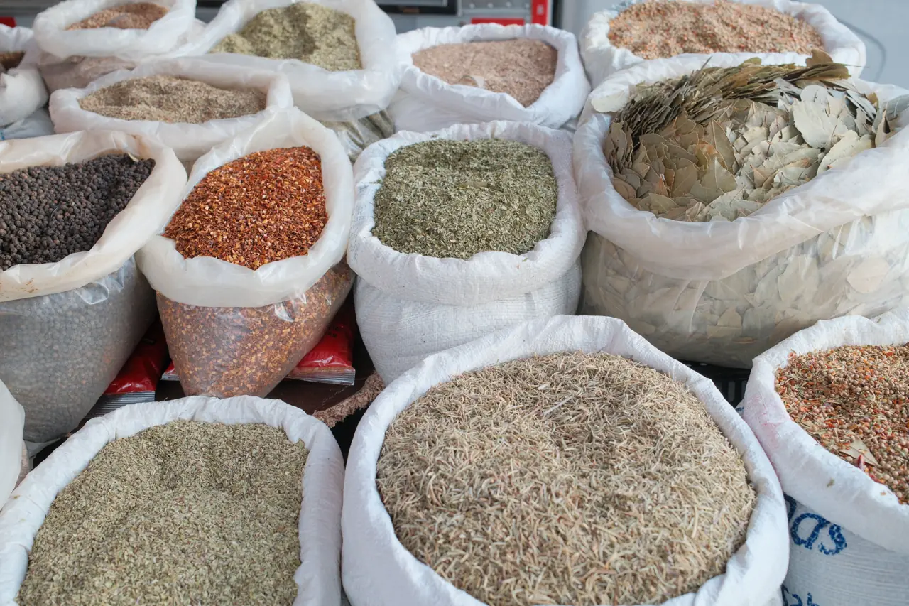 Open sacks of grains, pulses and dried herbs